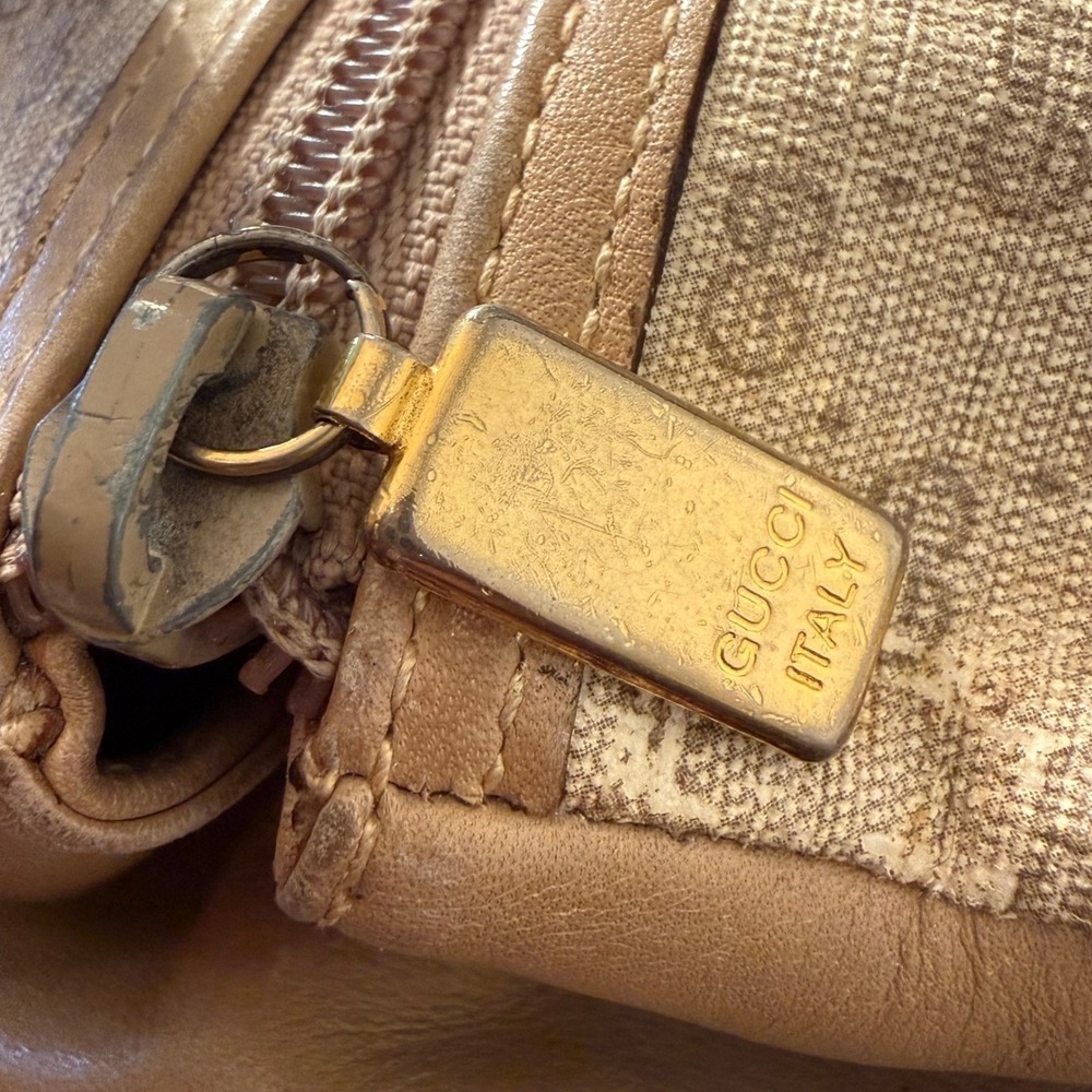 Vintage Gucci GG Monogram Boston Bag Tan Leather Trim top handle FLAW - Picture 11 of 16
